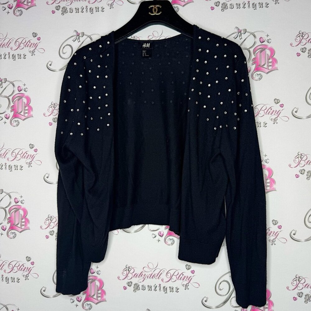 H&M cardigan bling rhinestone diamond crystals silver black open waterfall cute